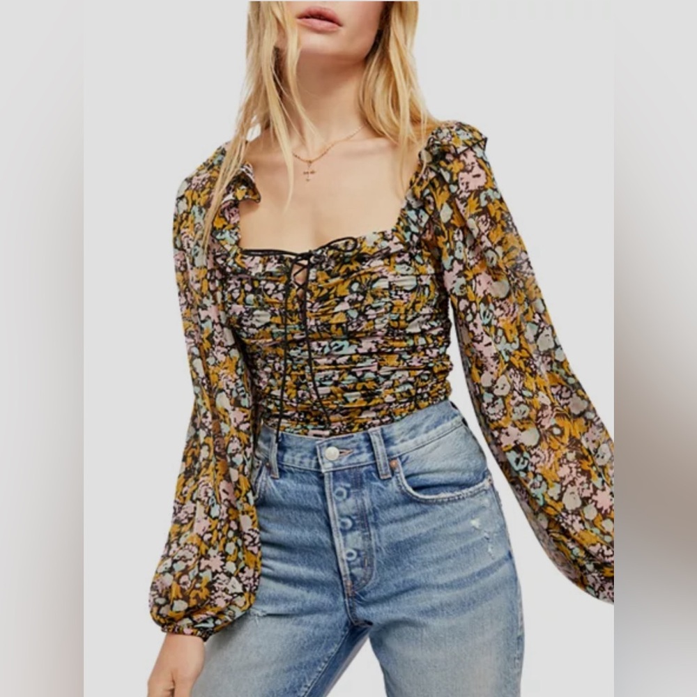 FREE PEOPLE MABEL CHIFFON FLORAL PRINT BLOUSE SIZE XS